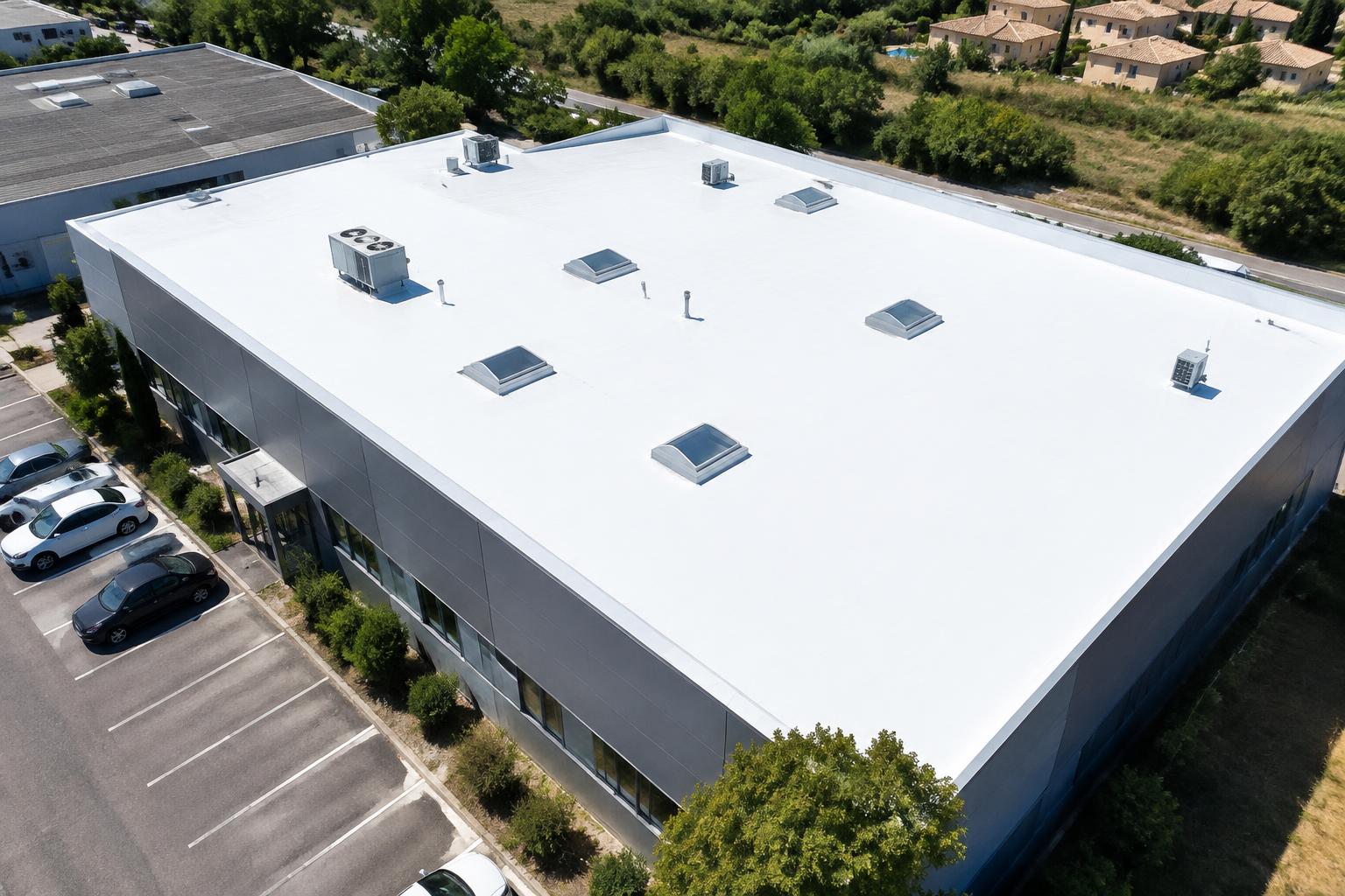 Toiture de bâtiment commercial après traitement réfléchissant
